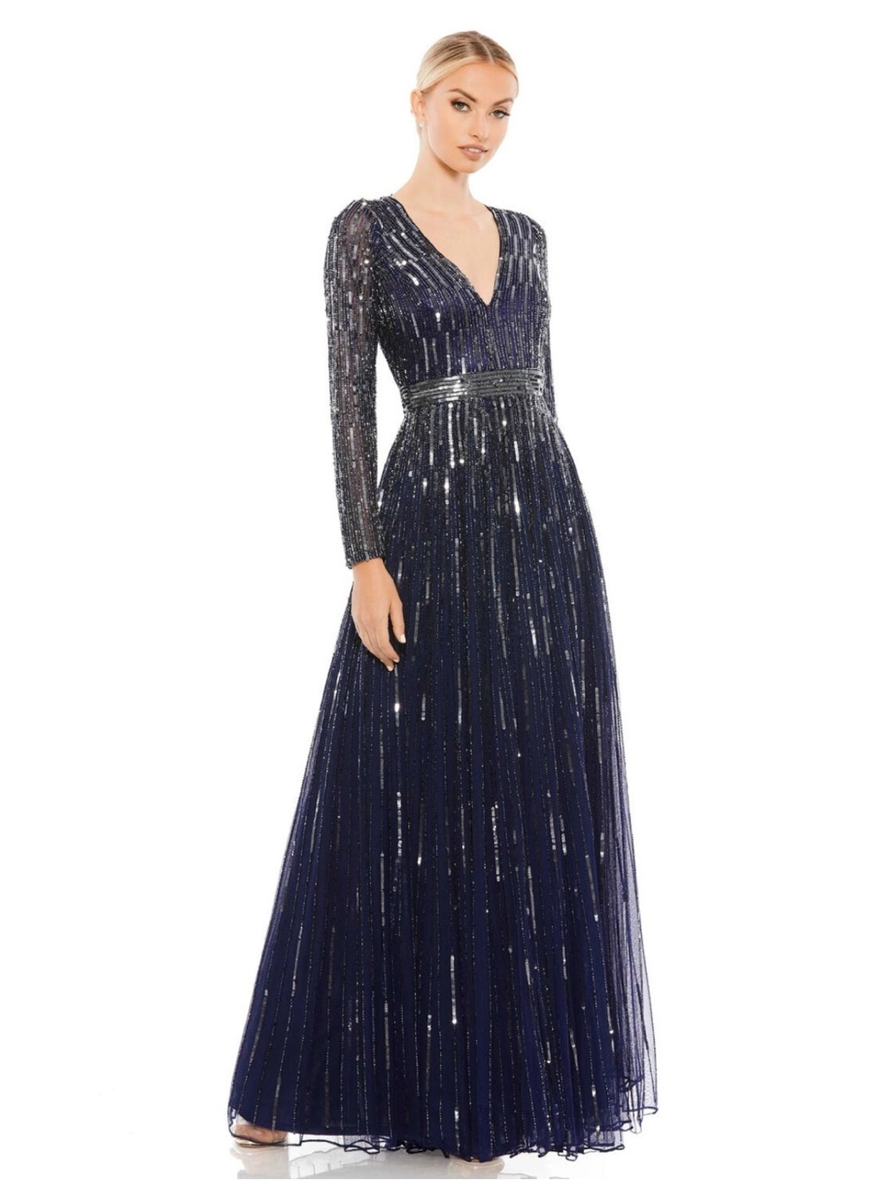 *Flawed Mac Duggal 4977 NWT Sequined V Neck Illusion Sleeve A Line Gown